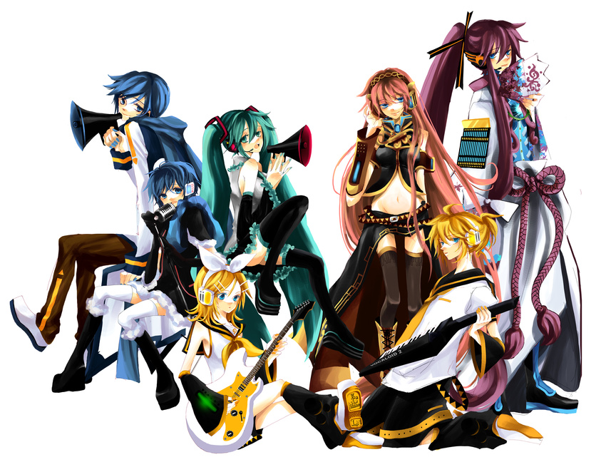 4girls detached_sleeves fan genderswap genderswap_(mtf) guitar hatsune_miku headset highres instrument japanese_clothes kagamine_len kagamine_rin kaiko kaito kamui_gakupo koi_wa_sensou_(vocaloid) megaphone megurine_luka microphone microphone_stand multiple_boys multiple_girls naru_(pixiv117090) navel skirt thighhighs twintails vocaloid