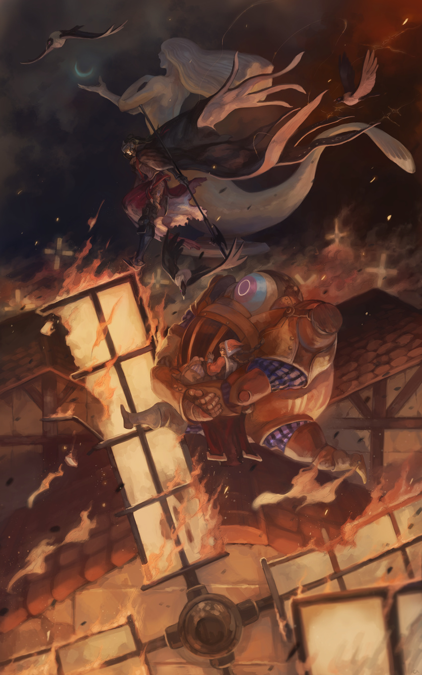2boys action armor battle bird black_hair braid breastplate brown_hair building burning cape carrying city closed_eyes cloud commentary crescent_moon dark destruction embers fantasy fire greaves halberd hand_on_own_chest hat helmet highres knight long_hair mecha moon multiple_boys night oca open_mouth outstretched_hand pixiv_fantasia pixiv_fantasia_t polearm princess_carry running scenery silhouette sky smoke twin_braids war weapon wind windmill