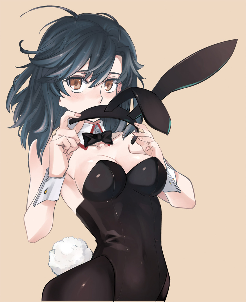 1girl animal_ears bare_shoulders black_hair black_legwear black_leotard blush bow bowtie breasts brown_eyes bunny_ears bunny_tail bunnysuit cleavage collarbone covering_mouth detached_collar fake_animal_ears hairband hairband_removed highres leotard looking_at_viewer ocha_(oteaaa) original pantyhose short_hair solo tail wrist_cuffs