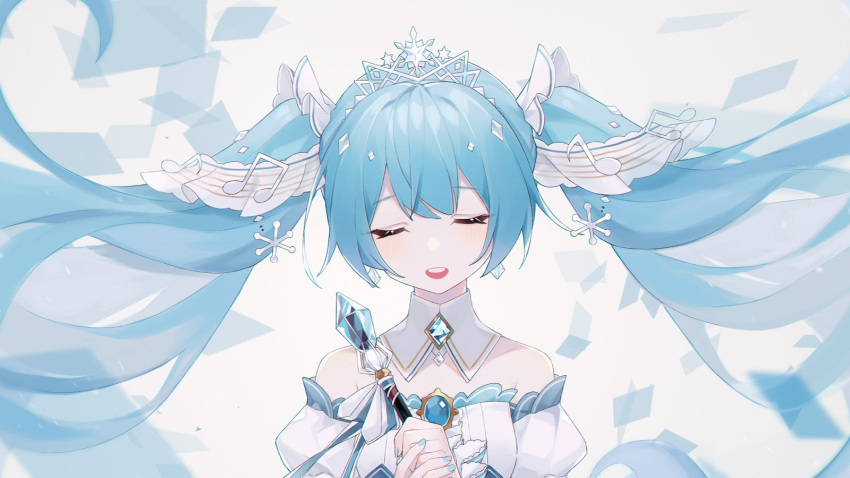 1girl aqua_hair aqua_nails closed_eyes detached_collar dress earrings frilled_dress frills hair_between_eyes hair_ornament hatsune_miku heridy highres holding holding_wand jewelry miku_day musical_note musical_note_hair_ornament musical_staff musical_staff_print official_alternate_costume official_alternate_hairstyle open_mouth simple_background smile solo strapless strapless_dress upper_body vocaloid wand white_background white_dress white_tiara yuki_miku yuki_miku_(2019)