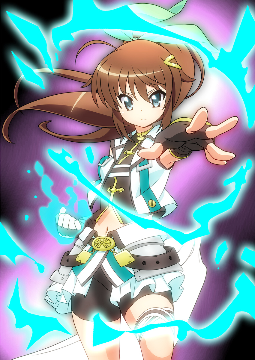 ahoge aqua_eyes bike_shorts blush breasts brown_hair clenched_hand closed_mouth date_naoto fingerless_gloves from_side fuuka_reventon gloves hair_ornament hair_ribbon hairclip highres jacket long_hair looking_at_viewer lyrical_nanoha medium_breasts midriff navel outstretched_arm ponytail ribbon shiny shiny_hair sidelocks skirt sleeveless solo standing standing_on_one_leg thigh_strap vivid_strike!