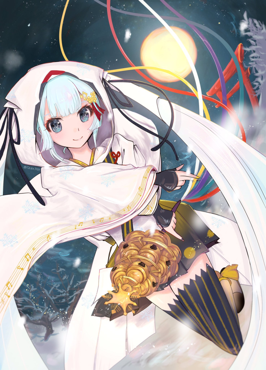 1girl aqua_eyes aqua_hair bell black_skirt black_thighhighs chihaya_(clothing) closed_mouth full_moon hair_between_eyes hair_ornament hatsune_miku highres holding holding_bell japanese_clothes jingle_bell kagura_suzu long_hair long_sleeves moon musical_note musical_note_hair_ornament musical_note_print musical_staff musical_staff_print nekota_yama night night_sky official_alternate_costume official_alternate_hairstyle outdoors pleated_skirt skirt sky smile striped_clothes striped_thighhighs thighhighs torii twintails very_long_hair vocaloid wide_sleeves yuki_miku yuki_miku_(2018)