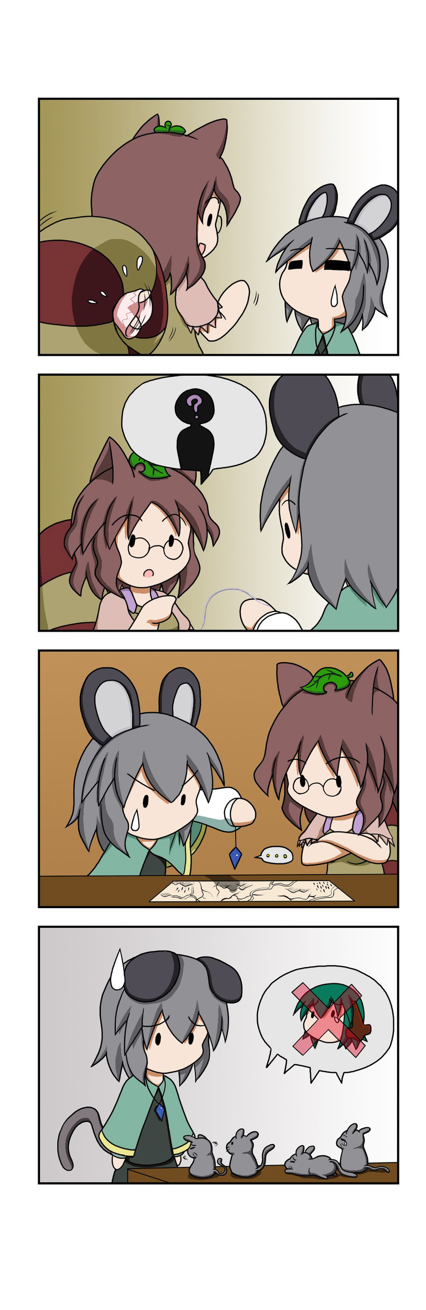 3girls 4koma =_= absurdres animal_ears brown_hair capelet comic crossed_arms ears_down flailing futatsuiwa_mamizou glasses grey_hair hair_strand highres leaf leaf_on_head lily_white long_sleeves map mouse mouse_ears mouse_tail multiple_girls nazrin pendulum raccoon_ears raccoon_tail rakugaki-biyori short_hair short_sleeves silent_comic solid_oval_eyes spoken_ellipsis spoken_person sweatdrop tail tail_wrap tears touhou