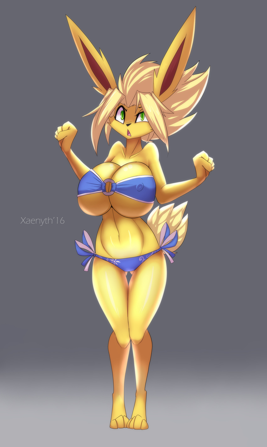 absurd_res anthro big_breasts bikini breasts clothing eeveelution female hi_res huge_breasts hyper hyper_breasts jolteon looking_at_viewer nintendo nipple_bulge open_mouth pok&eacute;mon simple_background solo standing swimsuit video_games wide_hips wouhlven xaenyth