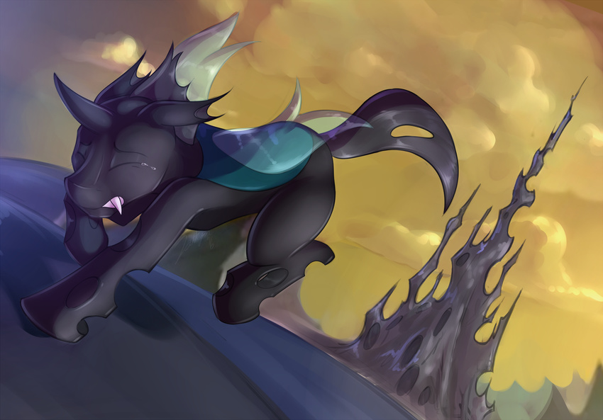 2016 ambiguous_gender changeling cloud eyes_closed feral friendship_is_magic hi_res hole_(anatomy) hooves horn insect_wings lattynskit my_little_pony running solo tears thorax_(mlp) wings