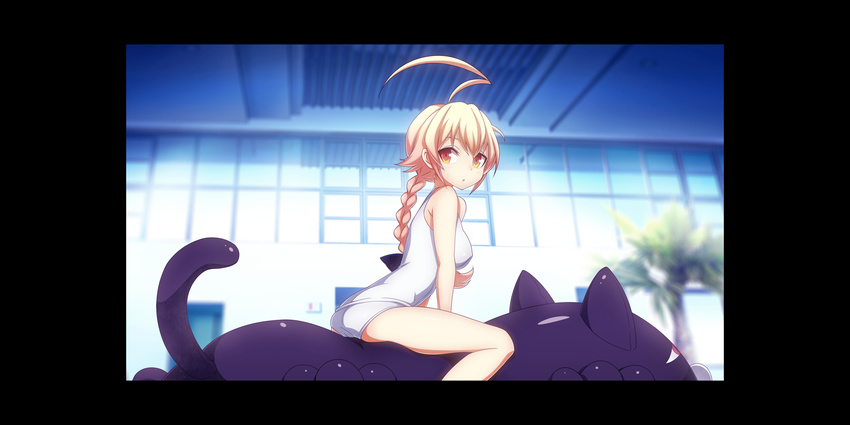 1girl :o ahoge ass bangs blonde_hair blush bow braid breasts ceiling es_(xblaze_code:_embryo) flipped_hair from_side game_cg hair_bow highres higuchi_konomi huge_ahoge indoors inflatable_raft leaning_forward long_hair looking_at_viewer looking_back multicolored_eyes official_art one-piece_swimsuit orange_eyes palm_tree parted_lips red_eyes school_swimsuit single_braid sitting straddling surprised swimsuit tree white_school_swimsuit white_swimsuit window windowboxed xblaze xblaze_code:_embryo