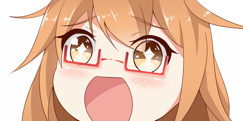 brown_eyes brown_hair eyebrows eyebrows_visible_through_hair face glasses gradient_eyes hair_between_eyes kantai_collection long_hair looking_at_viewer mochizuki_(kantai_collection) multicolored multicolored_eyes nahaki open_mouth red-framed_eyewear semi-rimless_eyewear simple_background solo sparkling_eyes symbol-shaped_pupils white_background