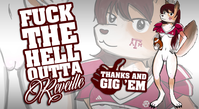 adidas anonymous_artist anthro areola ball biped bottomless canine clothed clothing collie crop_top dog female football_(ball) jersey mammal mascot pussy reveille school shirt solo texas_a&amp;m_university texas_aggies text university wallpaper