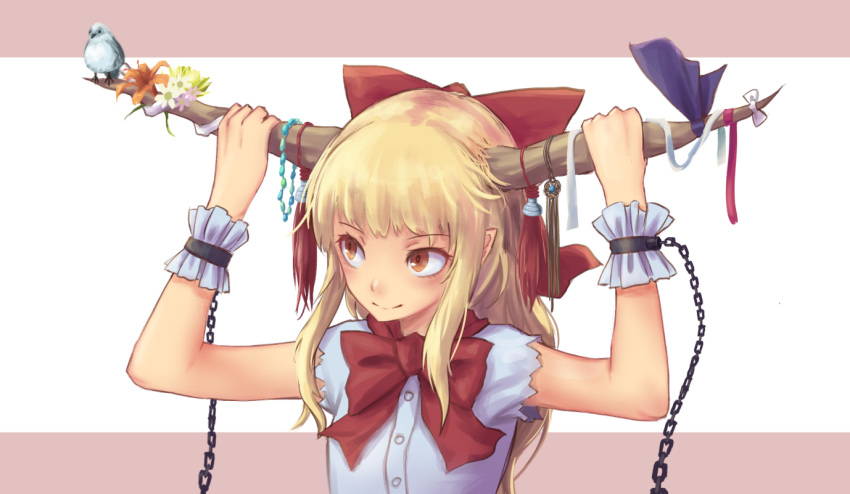1girl arms_up bangs bare_arms bare_shoulders bird blonde_hair blush bow bowtie brown_background brown_hair chains commentary_request cuffs eyebrows_visible_through_hair flower grabbing hair_bow horn_bow horn_flower horn_grab horn_ribbon horns ibuki_suika long_hair looking_up oni oni_horns orange_flower pink_flower pointy_ears purple_ribbon red_bow red_neckwear ribbon roke_(taikodon) shackles shirt sidelocks sleeveless sleeveless_shirt smile solo touhou two-tone_background upper_body white_background white_bow white_flower white_shirt wrist_cuffs
