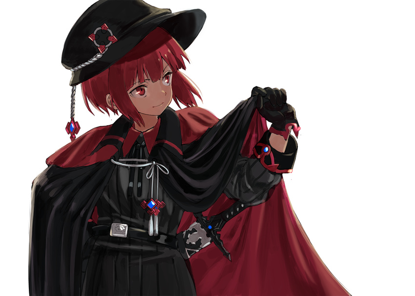 alternate_costume alternate_eye_color alternate_hair_color belt black_cape black_gloves cape cape_tug commentary ear gloves hand_on_hip hat kantai_collection knight long_sleeves looking_to_the_side luicent red_cape red_eyes red_hair sheath sheathed short_hair simple_background solo sword upper_body weapon white_background z3_max_schultz_(kantai_collection)