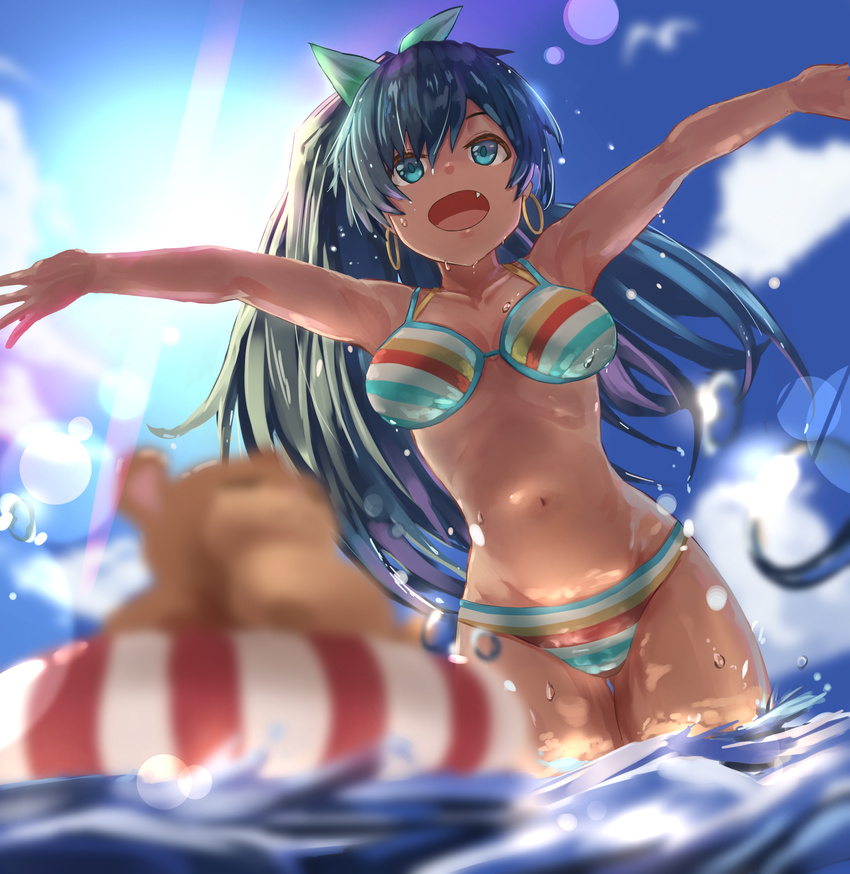 :d absurdres animal bikini black_hair blue_eyes breasts day ganaha_hibiki green_ribbon hair_ribbon hamster hamuzou highres idolmaster idolmaster_(classic) long_hair medium_breasts multicolored multicolored_bikini multicolored_clothes multicolored_stripes navel ocean open_mouth outstretched_arms plaster_(2501) ponytail ribbon smile solo striped striped_bikini swimsuit wading wet