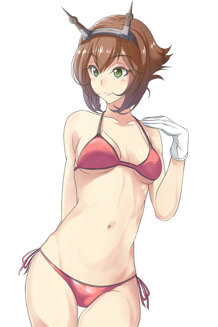 arms_behind_back bikini breasts brown_hair collarbone commentary_request eyebrows eyebrows_visible_through_hair gloves green_eyes hair_between_eyes headgear highres kantai_collection medium_breasts mutsu_(kantai_collection) navel red_bikini short_hair side-tie_bikini simple_background solo strap_gap swimsuit thigh_gap white_gloves yoxtut