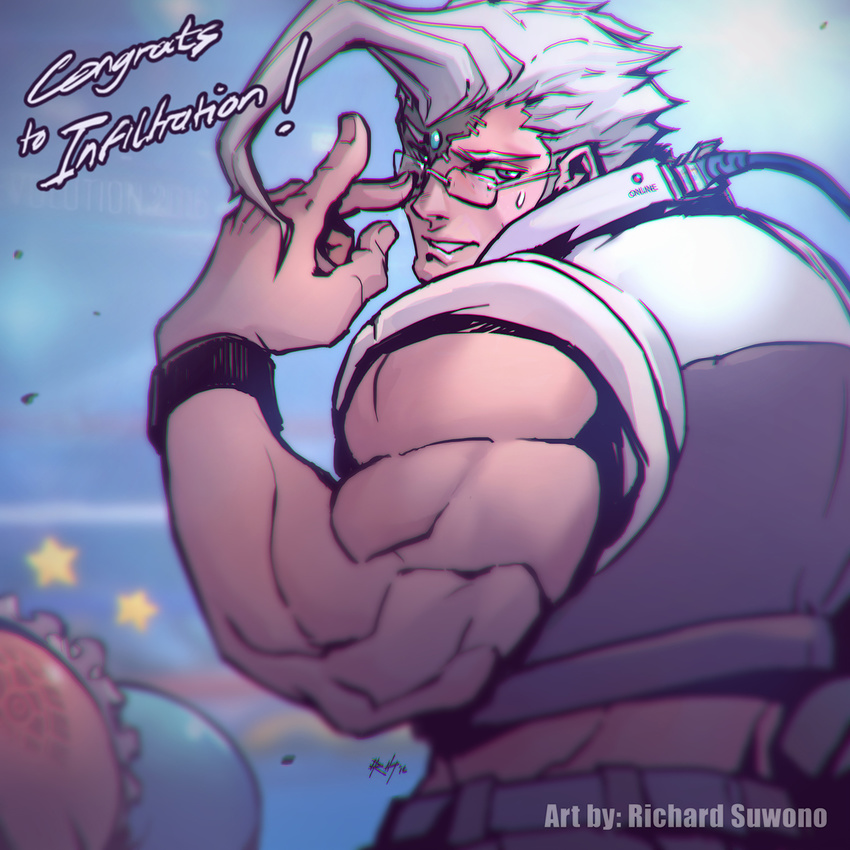 adjusting_eyewear alternate_color cable charlie_nash commentary congratulations ethernet_cable evolution_championship_series forehead_jewel fringe_trim glasses infiltration male_focus meme muscle richard_suwono rimless_eyewear silver_hair sleeveless solo stitches street_fighter street_fighter_v watch wristwatch