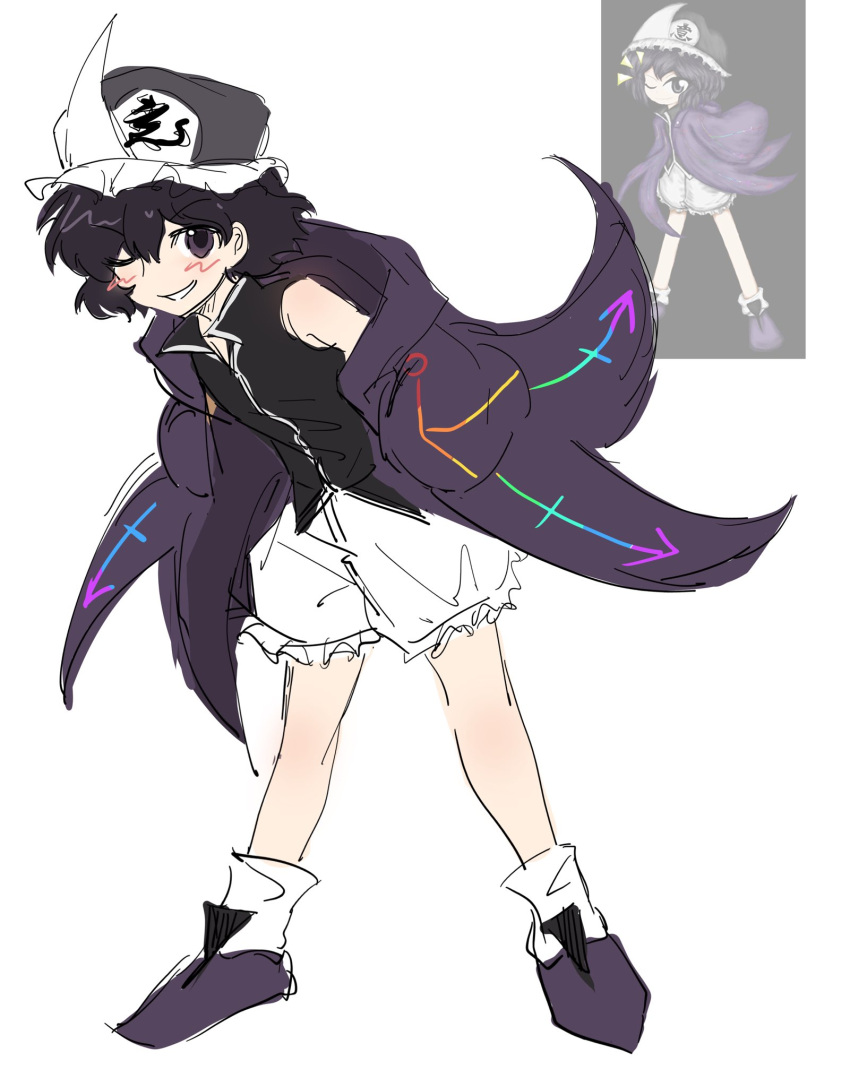 1other androgynous arrow_print bare_legs black_shirt blush boots braid chinese_commentary coattails collared_shirt commentary_request derivative_work flat_color frilled_headwear frilled_shorts frills full_body grey_hat grin hair_between_eyes hands_in_pockets happy hat highres hood hood_down hooded_jacket jacket len'en long_sleeves loose_socks mob_cap one_eye_closed open_clothes open_jacket other_focus otogisum3 print_jacket puffy_shorts purple_boots purple_eyes purple_hair purple_jacket reference_inset shirt shitodo_kuroji short_hair shorts simple_background single_bare_shoulder single_braid sketch sleeveless sleeveless_shirt smile socks solo sprite_redraw standing triangular_headpiece white_background white_shorts white_socks