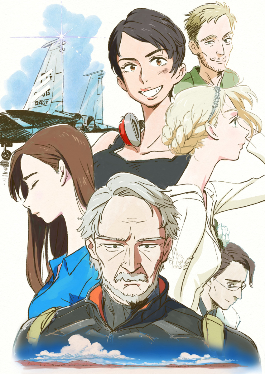 3boys 3girls absurdres ace_combat ace_combat_7 aircraft airplane alma_(ace_combat_7) artist_request avril_mead beard blonde_hair blue_eyes blue_sky brown_eyes brown_hair closed cloud collarbone eyes f-15_eagle facial_hair fighter_jet glasses hair_ornament headphones highres jet long_hair looking_at_viewer mihaly_a_shilage military military_vehicle mountain multiple_boys multiple_girls mustache old_man pilot_suit profile rosa_cossette_d'elise schroeder_(ace_combat_7) short_hair silver_hair sky smile tabloid_(ace_combat_7) tank_top
