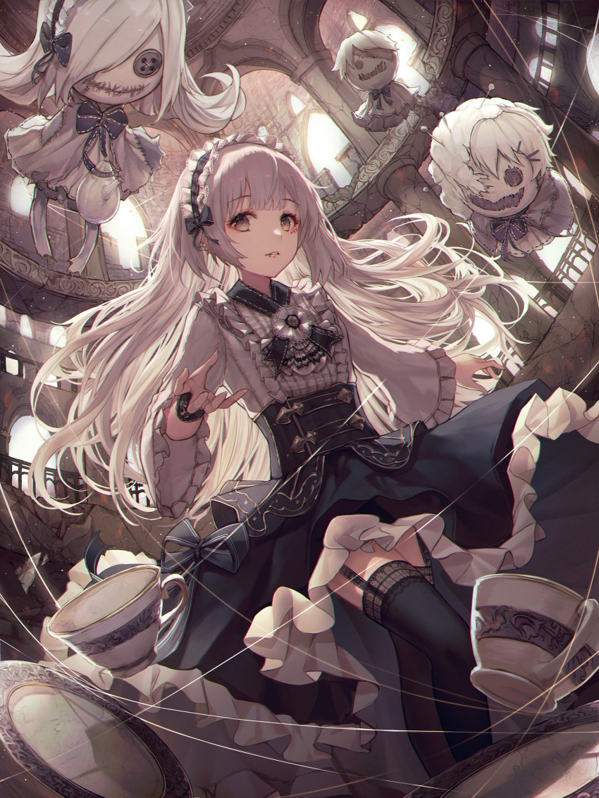 1girl absurdres black_legwear black_skirt brown_eyes button_eyes cup garter_straps gothic_lolita hairband highres lolita_fashion lolita_hairband long_hair original puppet puppet_strings shirt silver_hair skirt smile solo stuffed_toy teacup teapot thighhighs white_shirt yohaku