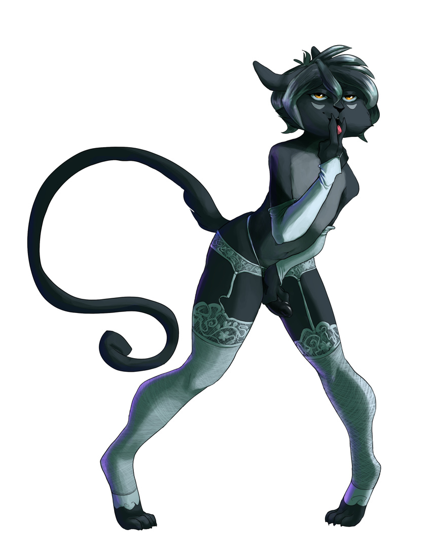 2016 anthro cat clothing erection feline garter_belt garter_straps girly gloves hair hi_res humanoid_penis legwear male mammal open_mouth panther penis rook_(greyrook) simple_background solo thigh_highs tongue tongue_out ventox white_background