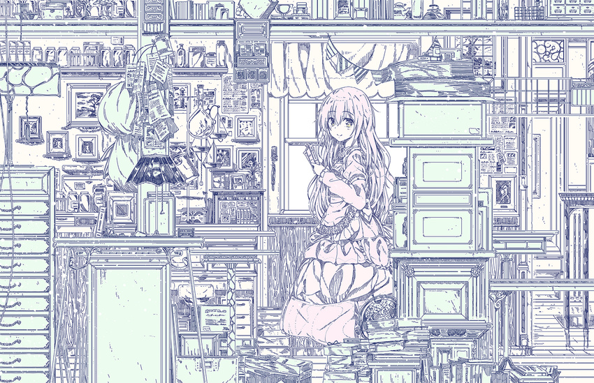 bad_id bad_pixiv_id book book_stack cabinet chest_of_drawers closed_mouth curtains dress eyebrows eyebrows_visible_through_hair frilled_sleeves frills from_side glass_bottle globe highres holding holding_book indoors long_hair long_sleeves monochrome original picture_frame qria smile solo spot_color standing teapot window yellow_eyes