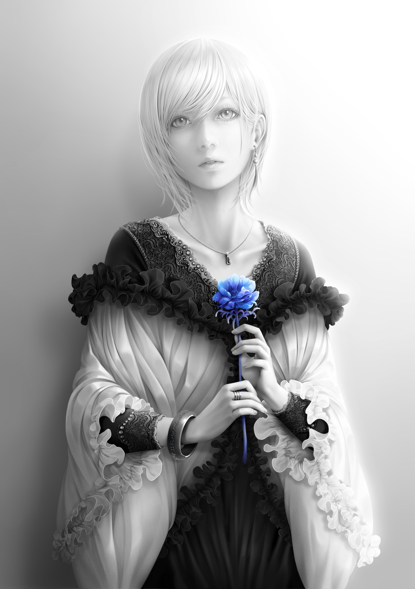 absurdres bangs blue_flower blue_rose bouno_satoshi collarbone flower hair_between_eyes head_tilt highres holding holding_flower jewelry looking_up monochrome necklace original parted_lips realistic ring rose short_hair single_earring solo spot_color swept_bangs