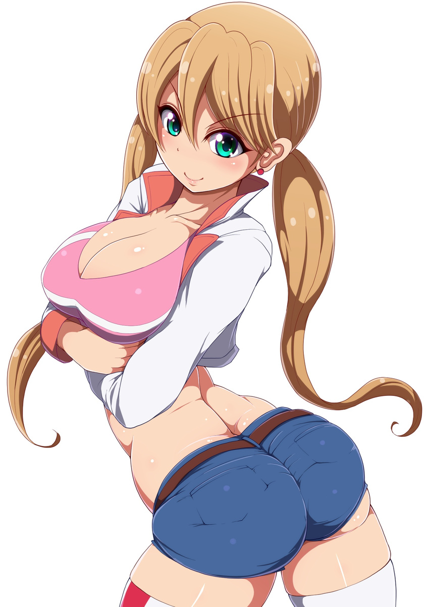 blonde_hair breasts cleavage collarbone denim denim_shorts earrings green_eyes gundam gundam_tekketsu_no_orphans highres jewelry lafter_frankland large_breasts long_hair looking_at_viewer ponpo short_shorts shorts simple_background solo thighhighs twintails white_background white_legwear