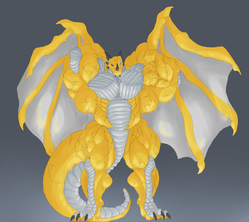 3_toes 5_fingers armpits biceps big_biceps big_tail black_claws blaze_(bl4z3_th3_dr4g0n) claws digital_drawing_(artwork) digital_media_(artwork) digitigrade dragon featureless_crotch flexing front_view full-length_portrait grey_background hand_behind_head humanoid_hands hyper hyper_muscles male membranous_wings multicolored_scales muscular muscular_male nude pecs portrait pose quads red_eyes scales schwartzgeist serratus simple_background snout solo standing toes triceps two_tone_scales vein white_scales wings