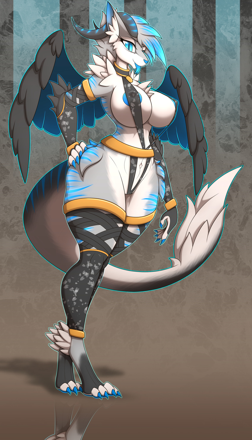areola armwear big_breasts blue_eyes breasts cat chest_tuft claws clothed clothing collar dragon feline female fur furred_dragon hands_on_hip horn hybrid mammal nipple_bulge nipples r-mk scalie skimpy solo standing tongue tongue_out tuft voluptuous wide_hips wings