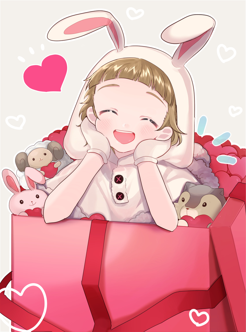 :d ^_^ abe_(kumayu) animal_hood blush brown_hair bunny_hood closed_eyes hands_on_own_cheeks hands_on_own_face highres himeno_kanon hood idolmaster idolmaster_side-m male_focus open_mouth smile solo stuffed_animal stuffed_bunny stuffed_sheep stuffed_toy stuffed_wolf