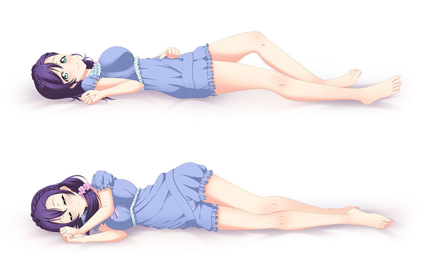 barefoot breasts closed_eyes full_body green_eyes large_breasts lingerie long_hair love_live! love_live!_school_idol_project lying multiple_views negligee on_back on_side purple_hair simple_background sleeping smile toujou_nozomi underwear yu-ta