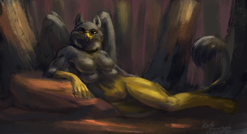 2016 anthro avian beak breasts feathered_wings feathers featureless_breasts female forest front_view gryphon looking_at_viewer lying multi_breast nude on_side outside pinguinolog reclining solo talons tree wings