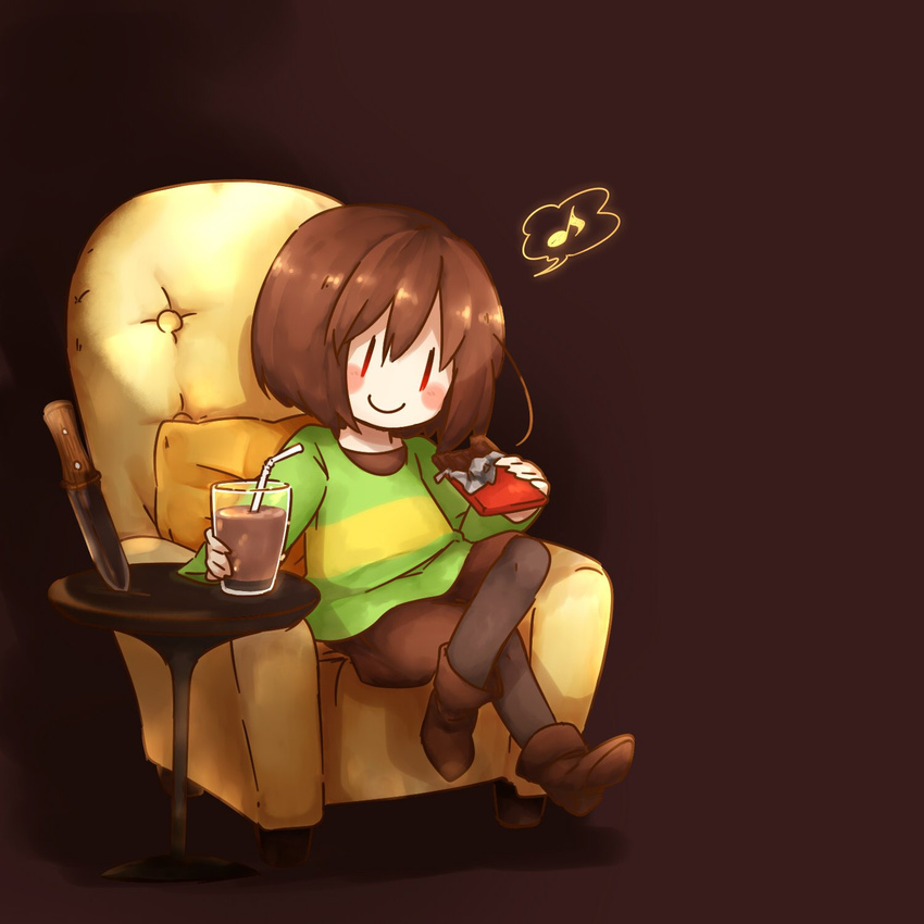 armchair bad_id bad_twitter_id blush_stickers brown_hair chair chara_(undertale) chocolate_bar chocolate_milk commentary_request crossed_legs drinking_straw eighth_note glass highres iiwake knife musical_note pillow shirt short_hair sitting smile solo speech_bubble spoken_musical_note striped striped_shirt undertale |_|