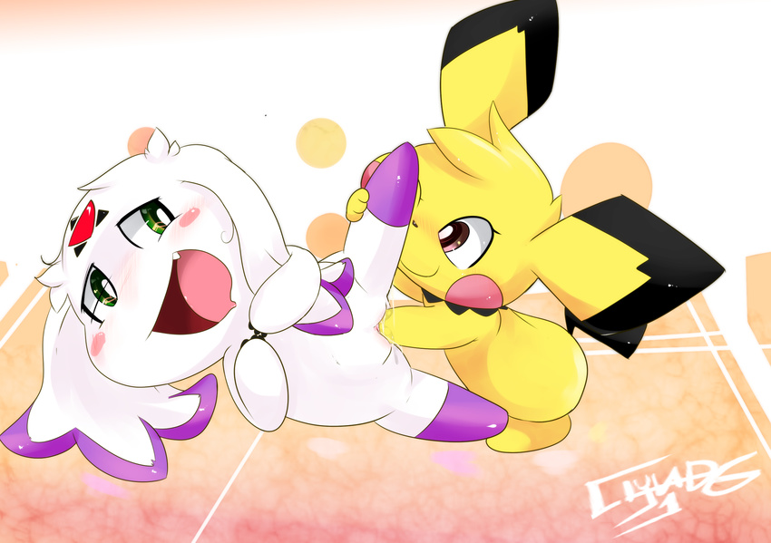 abstract_background ambiguous_gender blush brown_eyes calumon clyndemoon digimon female fur green_eyes interspecies mammal masturbation nintendo open_mouth pichu pok&eacute;mon pussy rodent semi-anthro video_games yellow_fur young
