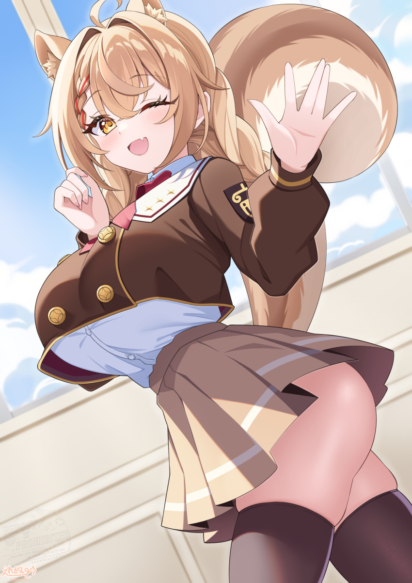 1girl absurdres ahoge animal_ears black_thighhighs blush braid breasts brown_hair brown_jacket brown_skirt cropped_jacket elegant_(sumisumi4268) highres indoors jacket large_breasts looking_at_viewer one_eye_closed open_mouth original pleated_skirt shirt skirt smile solo squirrel_ears squirrel_girl squirrel_tail tail thighhighs twin_braids white_shirt yellow_eyes