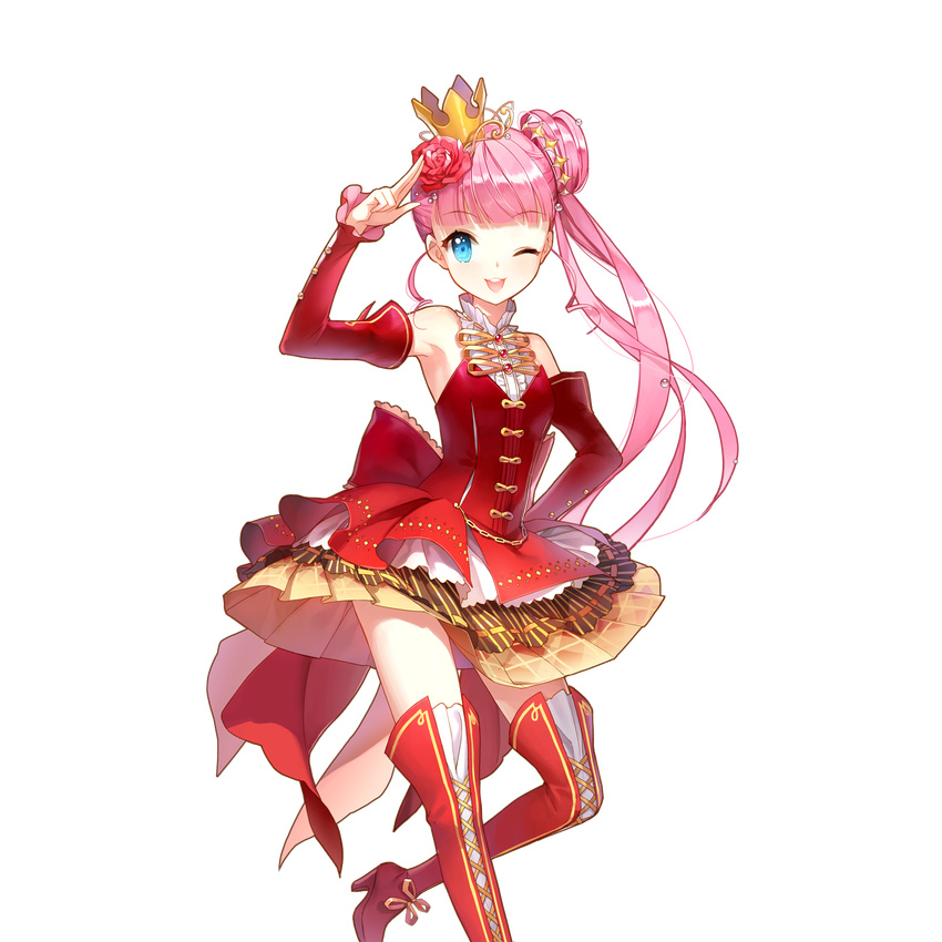 akane_garnet aqua_eyes boots crown detached_sleeves eyebrows eyebrows_visible_through_hair flower hair_flower hair_ornament high_heels highres long_hair looking_at_viewer official_art one_eye_closed open_mouth pink_hair red_footwear red_legwear salt_(salty) salute side_ponytail solo thigh_boots thighhighs transparent_background uchi_no_hime-sama_ga_ichiban_kawaii