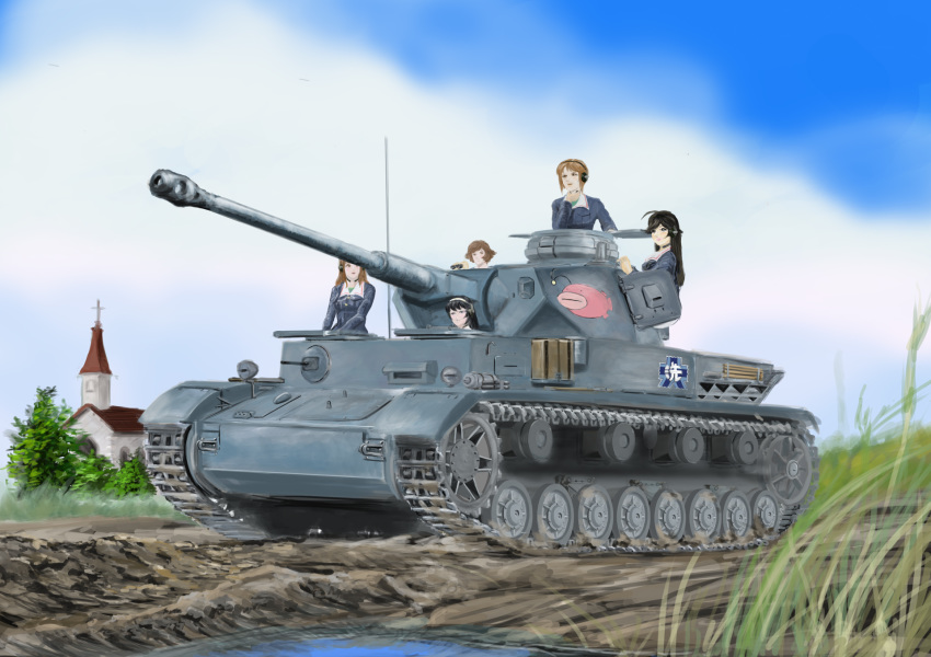 5girls akiyama_yukari anglerfish artist_request binoculars black_eyes black_hair breasts brown_eyes brown_hair building caterpillar_tracks church cloud day emblem girls_und_panzer grass ground ground_vehicle headphones highres isuzu_hana long_hair military military_vehicle motor_vehicle multiple_girls nishizumi_miho ooarai_(emblem) ooarai_military_uniform panzerkampfwagen_iv reizei_mako shirt short_hair sky takebe_saori tank traditional_media tree