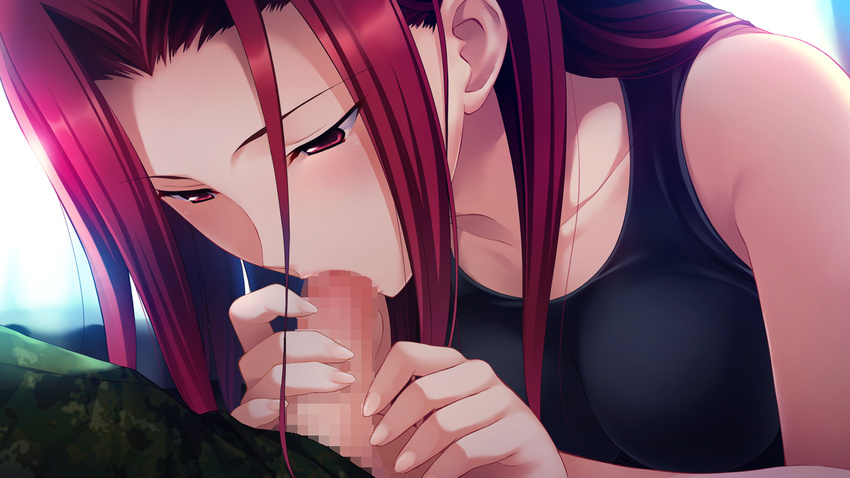 1girl agnes_garrett blush censored fellatio fingernails fumio_(ura_fmo) game_cg grisaia_(series) grisaia_no_rakuen hands hetero kazami_yuuji long_hair mosaic_censoring oral penis red_eyes red_hair tank_top