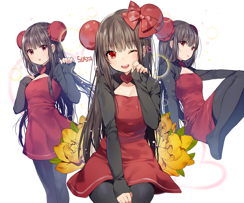 ;d black_hair black_legwear blush dress flower heart long_hair looking_at_viewer multiple_views one_eye_closed open_mouth original pantyhose red_eyes sleeves_past_wrists smile sukja teeth tongue tongue_out