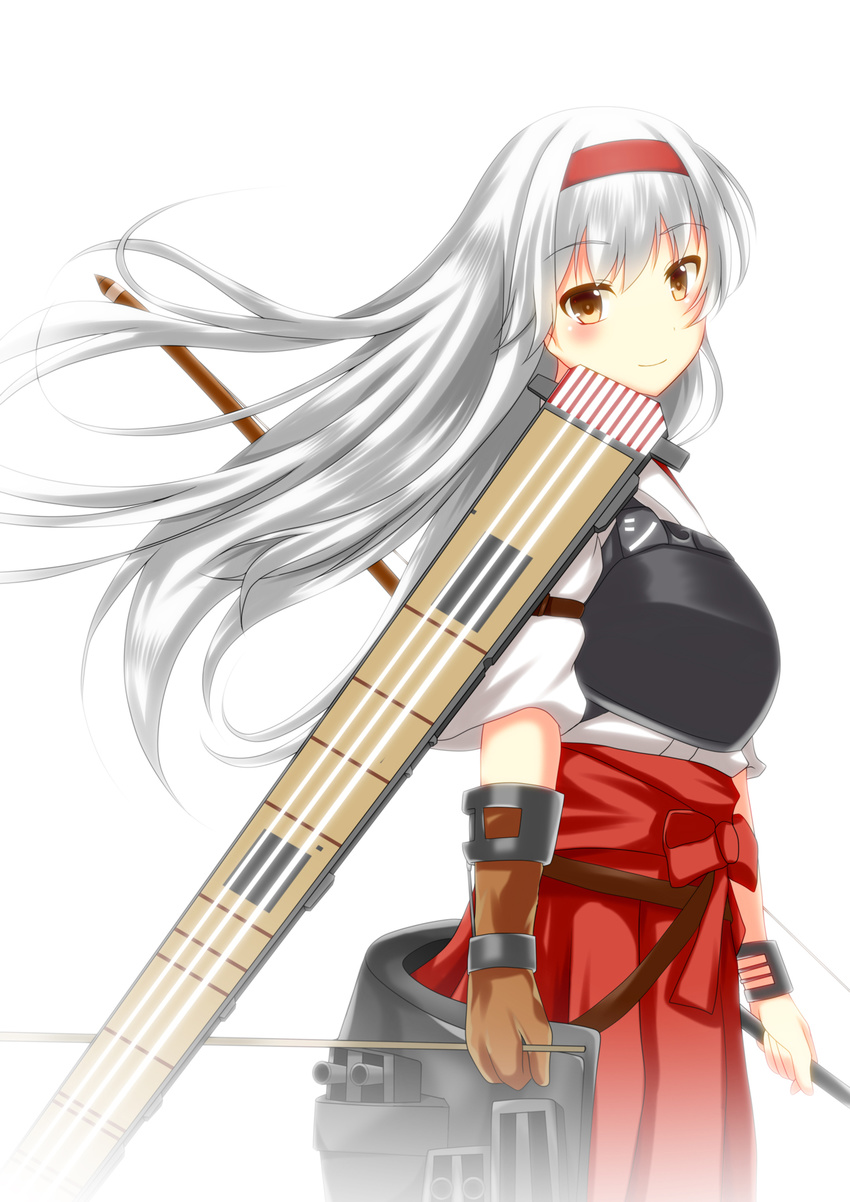 arrow asymmetrical_gloves ayasato_karen bow_(weapon) breastplate brown_eyes brown_gloves eyebrows eyebrows_visible_through_hair gloves hairband hakama highres holding holding_weapon japanese_clothes kantai_collection long_hair looking_at_viewer red_hairband red_hakama shoukaku_(kantai_collection) silver_hair simple_background smile solo weapon white_background