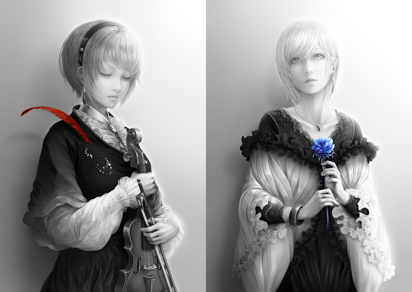 absurdres bad_id bad_pixiv_id bangs blue_flower blue_rose bouno_satoshi bow_(instrument) center_frills closed_eyes collarbone feathers flower hair_between_eyes hairband head_tilt highres holding holding_flower instrument jewelry long_sleeves looking_up monochrome multiple_girls necklace original parted_lips realistic ring rose short_hair single_earring spot_color swept_bangs violin