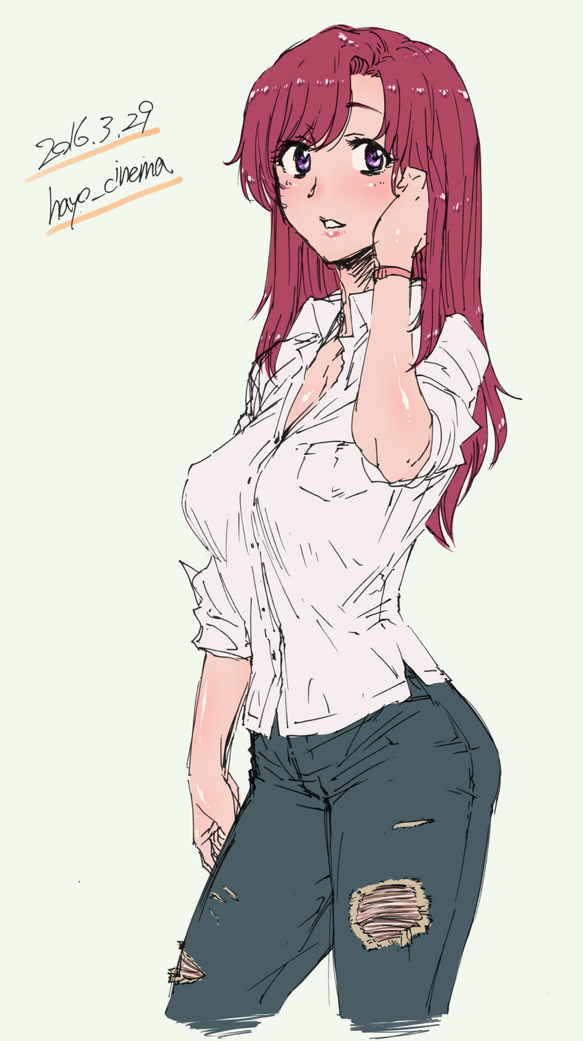 2016 dated denim etsuzan_jakusui etuzan_jakusui hand_on_own_face highres jeans kazami_mizuho long_hair looking_at_viewer onegai_teacher pants parted_lips purple_eyes red_hair simple_background sketch solo thighs torn_clothes torn_jeans torn_pants twitter_username yellow_background