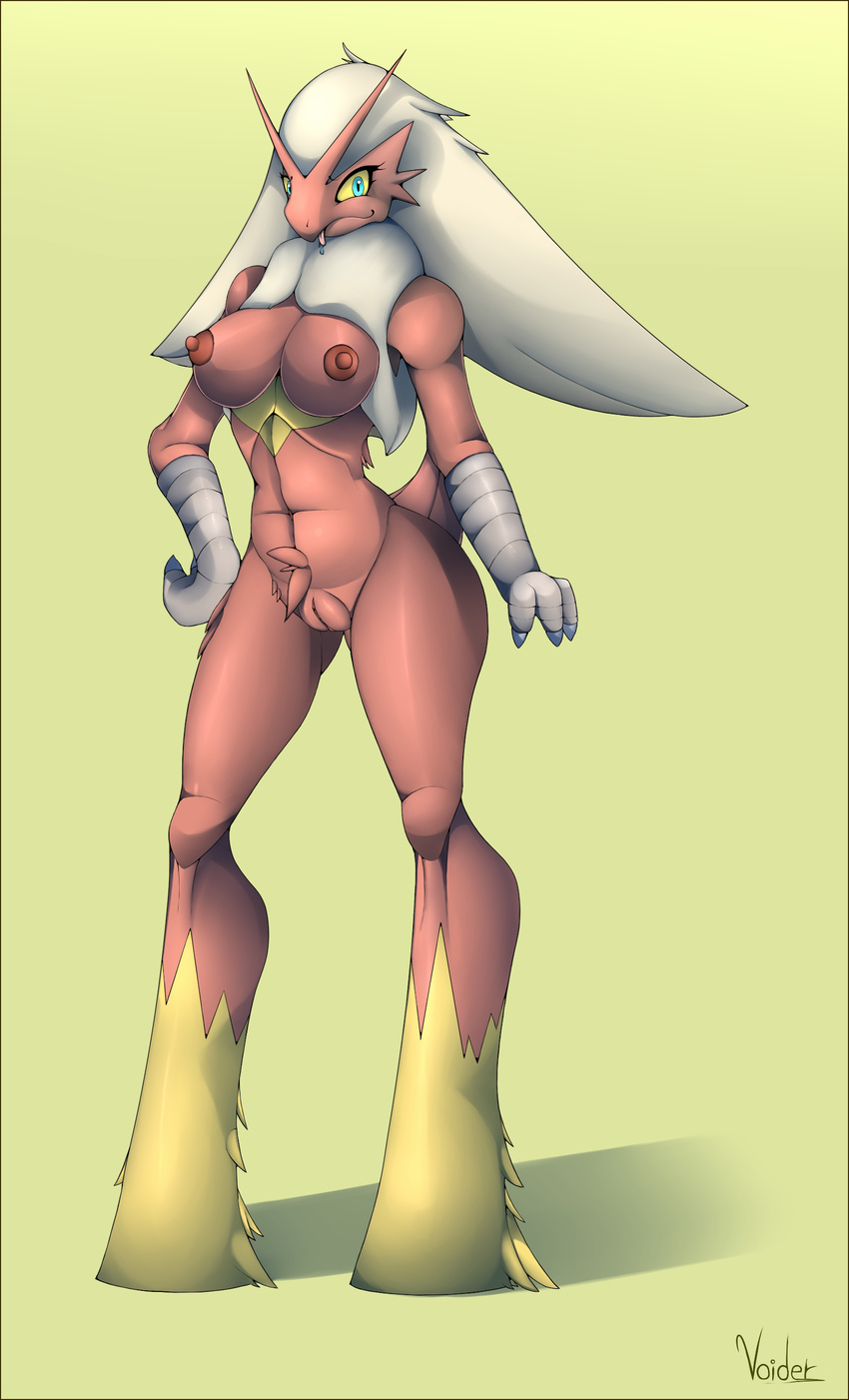 2016 absurd_res anthro anthrofied areola avian beak big_breasts blaziken blue_eyes breasts feathers female hi_res looking_at_viewer navel nintendo nipples nude pok&eacute;mon pok&eacute;morph pubes pussy red_feathers red_nipples simple_background solo tongue tongue_out tuft video_games voider_(artist) white_feathers yellow_background yellow_feathers yellow_sclera