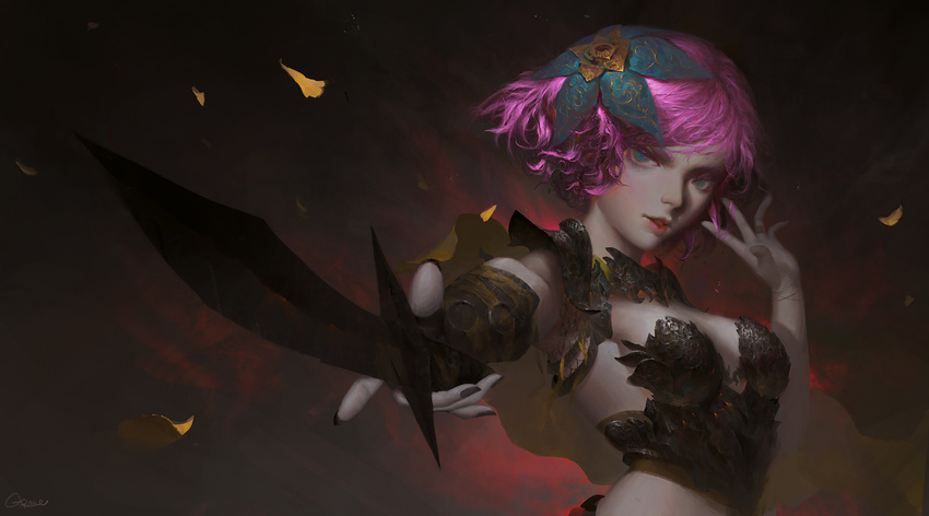 armpits blue_eyes breastplate breasts cape cleavage commentary dagger dark fantasy fighting_stance flower gracehoo hair_flower hair_ornament hand_up head_tilt highres lips looking_at_viewer medium_breasts midriff original outstretched_arm pale_skin petals pink_hair short_hair signature solo upper_body weapon wind