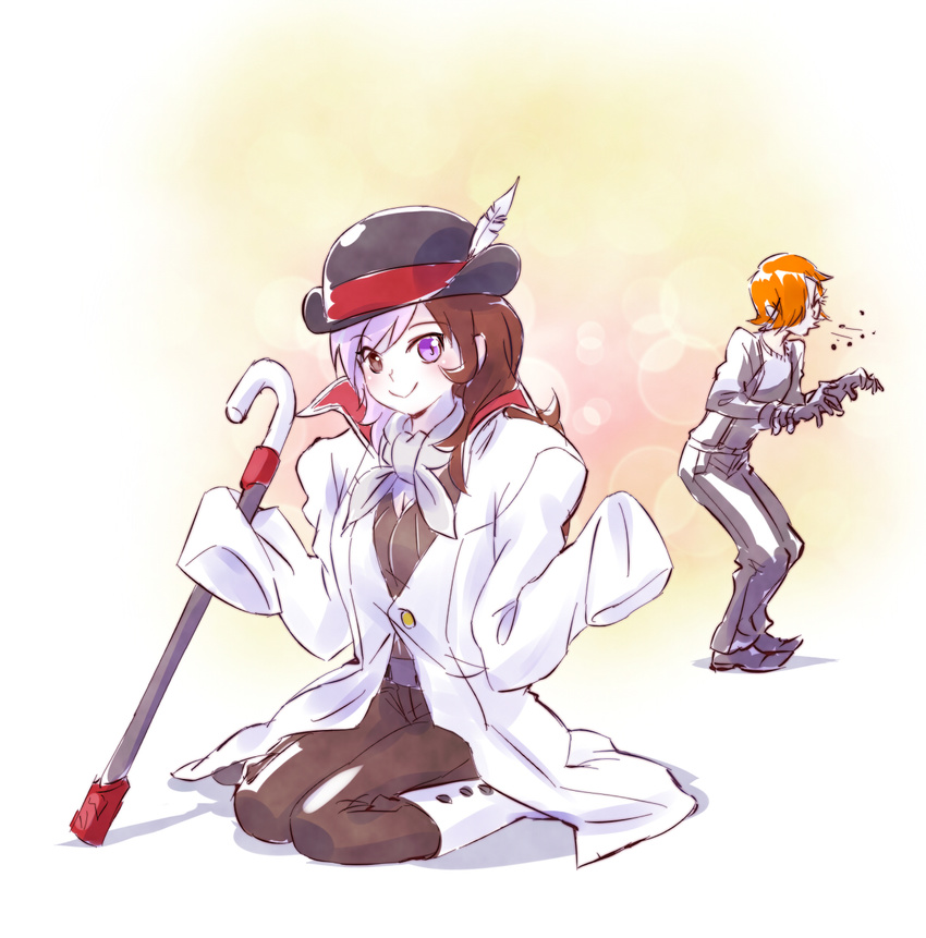 1girl black_gloves black_pants borrowed_garments bowler_hat can cane closed_eyes closed_mouth clothes_theft gloves hat hat_feather heterochromia highres holding holding_can iesupa long_hair long_sleeves looking_at_viewer multicolored_hair neo_(rwby) pants roman_torchwick rwby sitting sleeves_past_wrists smile sneezing standing theft two-tone_hair w_arms wariza white_coat
