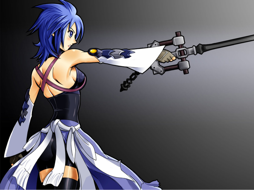 1girl aqua_(kingdom_hearts) ass back bare_shoulders bike_shorts blue_eyes blue_hair breasts corset detached_sleeves fingerless_gloves from_behind gloves keyblade kingdom_hearts kingdom_hearts_birth_by_sleep shiny shiny_clothes shiny_hair shiny_skin short_hair sideboob solo thighhighs weapon yoshikura