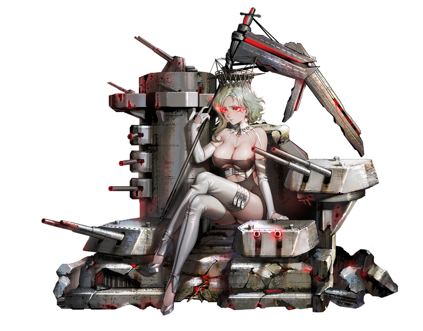 areola_slip areolae arm_at_side battleship_girl belt_buckle between_breasts blonde_hair breasts buckle burning_eye cannon closed_mouth commentary_request crossed_legs detached_collar earrings elbow_gloves eyelashes full_body gloves glowing glowing_eyes grey_footwear grey_legwear headgear high_heels highres holding holding_weapon jewelry large_breasts light_particles lips looking_away o-ring official_art quuni red_eyes scythe shade shoes side_cutout silver_hair sitting skindentation solo thigh_strap toeless_legwear transparent_background turret underboob underboob_cutout unitard wavy_hair weapon white_gloves zipper