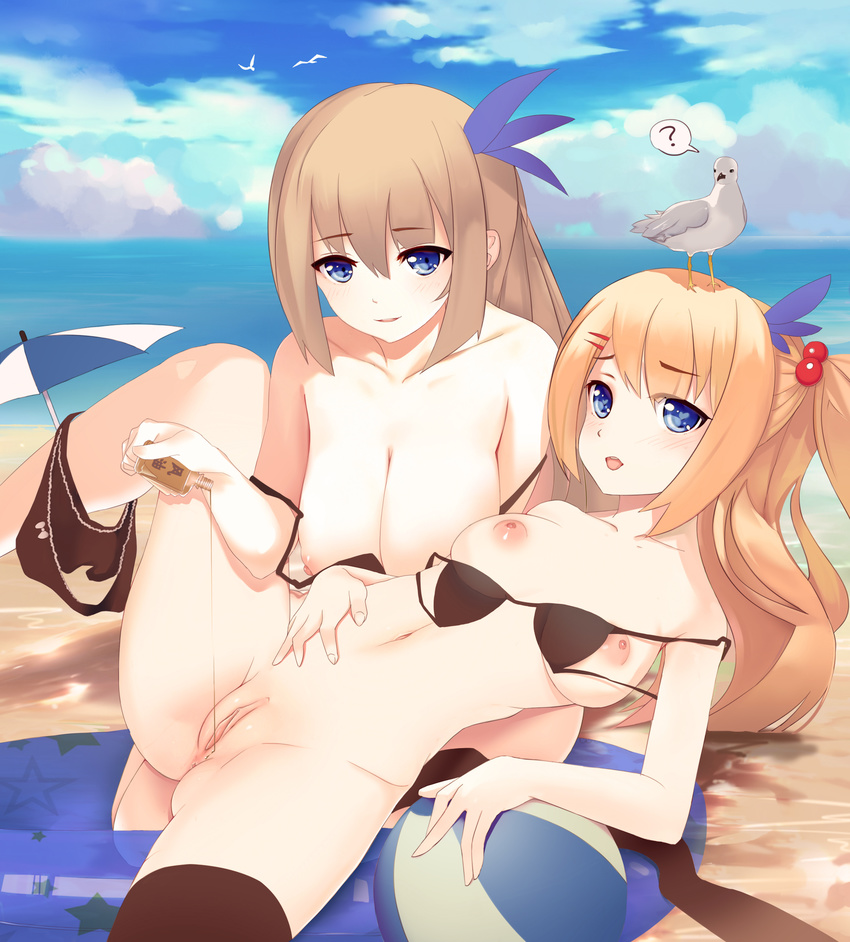 2girls ? absurdres ball beach beachball bird black_bra black_legwear black_panties blonde_hair blue_eyes blush bow bow_panties bra breasts decensored hair_bobbles hair_ornament highres innertube inverted_nipples large_breasts lexington_(zhan_jian_shao_nyu) long_hair looking_at_viewer lotion magician_(china) medium_breasts multiple_girls nipples ocean panties platinum_blonde pointless_censoring pussy saratoga_(zhan_jian_shao_nyu) seagull smile speech_bubble spoken_question_mark spread_legs thighhighs umbrella underwear zhan_jian_shao_nyu