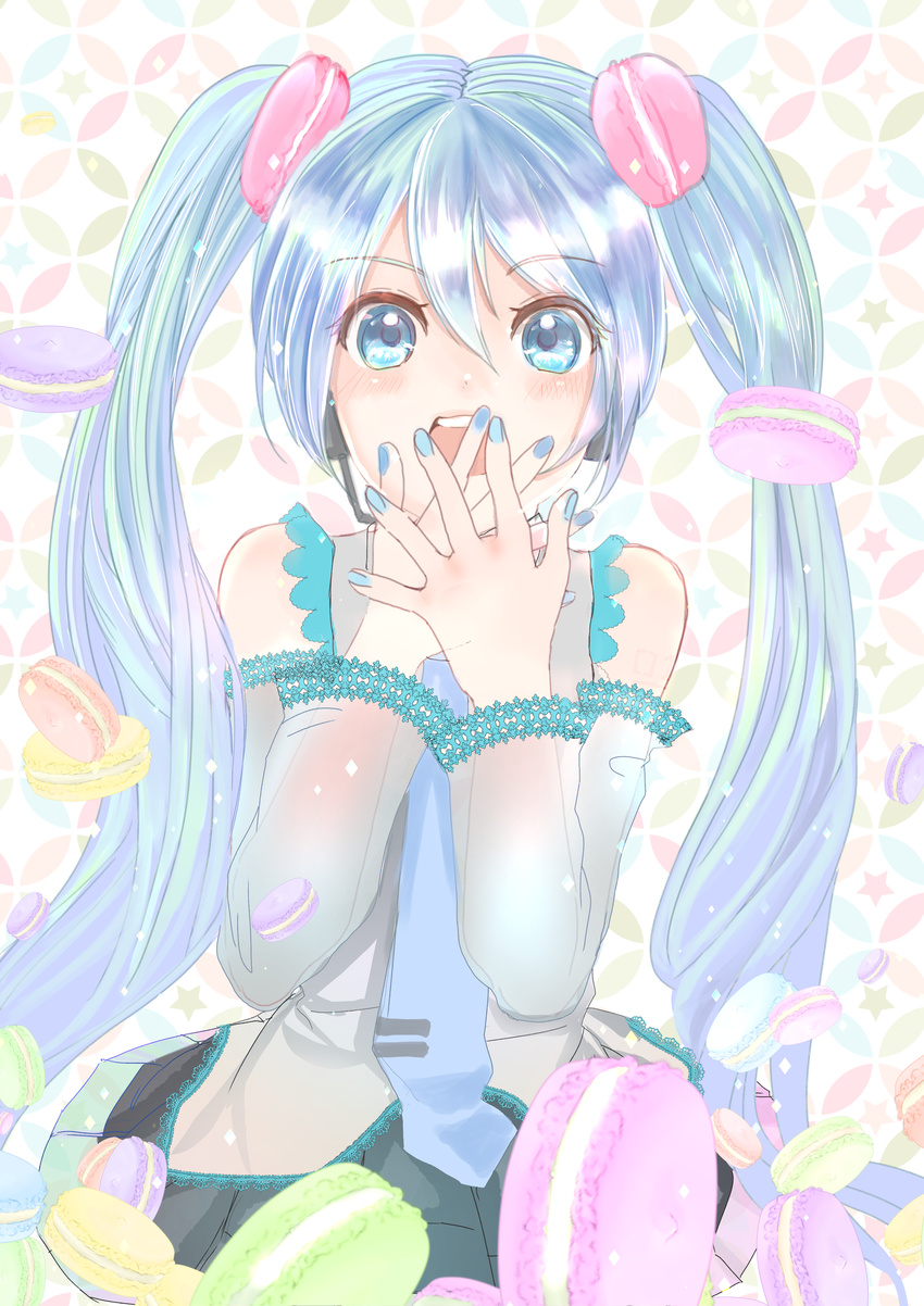 absurdres bad_id bad_pixiv_id blue_eyes blue_hair blue_nails detached_sleeves food hands_over_mouth hatsune_miku highres long_hair macaron miniskirt miturousoku nail_polish necktie open_mouth patterned_background shirt skirt sleeveless sleeveless_shirt solo twintails upper_body vocaloid