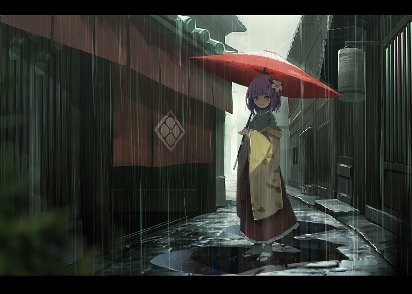 absurdres alley architecture bad_revision chromatic_aberration downscaled_revision east_asian_architecture fami_(yellow_skies) flower hair_flower hair_ornament hakama hieda_no_akyuu highres japanese_clothes kimono letterboxed md5_mismatch meiji_schoolgirl_uniform oriental_umbrella purple_eyes purple_hair railing solo touhou umbrella wet_pavement