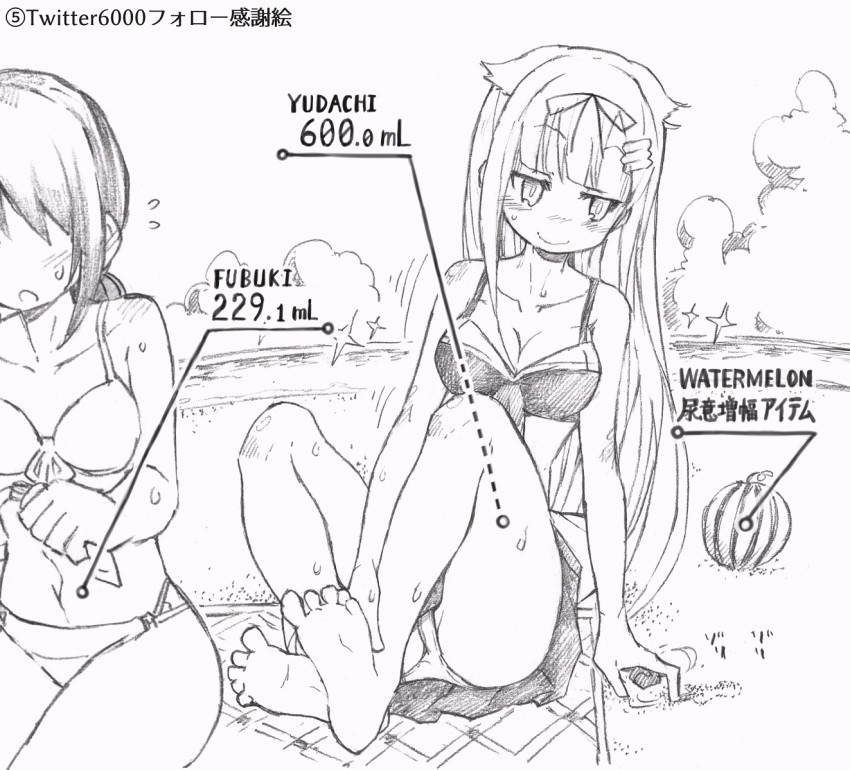 2girls bangs bare_shoulders barefoot beach bikini bikini_skirt blunt_bangs blush breasts character_name cleavage closed_mouth cloud collarbone english_text eyebrows_visible_through_hair faceless faceless_female feet female fidgeting flying_sweatdrops food front-tie_bikini front-tie_top fruit fubuki_(kantai_collection) full_body greyscale hair_ornament hair_ribbon hairclip half-closed_eyes hand_up have_to_pee highres holding japanese_text kantai_collection knees_up koorimizu long_hair lotion_bottle medium_breasts monochrome multiple_girls navel nose_blush ocean open_mouth outdoors ponytail ribbon sand short_hair sitting sky small_breasts smile solo_focus sparkle squirting sweat swimsuit tied_hair towel translation_request urine_meter water watermelon yuudachi_(kantai_collection)