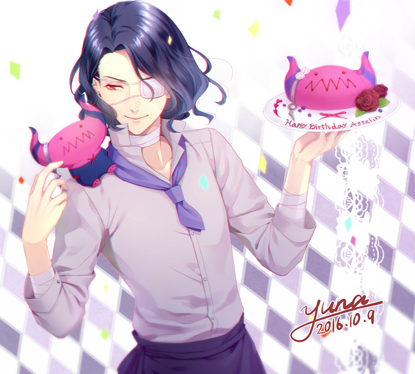 2016 apron artist_name asselin_bb_ii bandages character_name chef confetti cursive dated earrings eyepatch happy_birthday highres idolmaster idolmaster_side-m jewelry lips looking_at_another male_focus purple_hair red_eyes satan_(idolmaster) signature smile solo stuffed_toy waist_apron wavy_hair yuna_(yuna_plus)