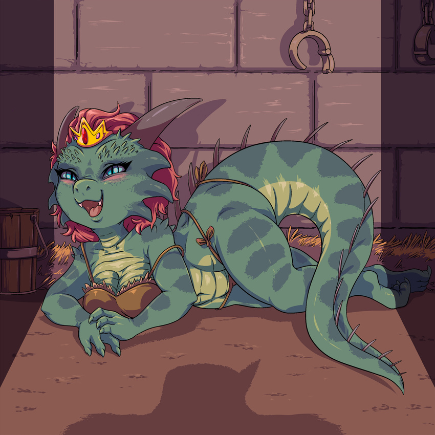 blue_eyes blush breasts bucket cleavage clothed clothing crown eyelashes fangs female green_scales hair horn kobold kobold_princess off_shoulder open_mouth plagueofgripes princess red_hair royalty scales shadow skimpy solo towergirls